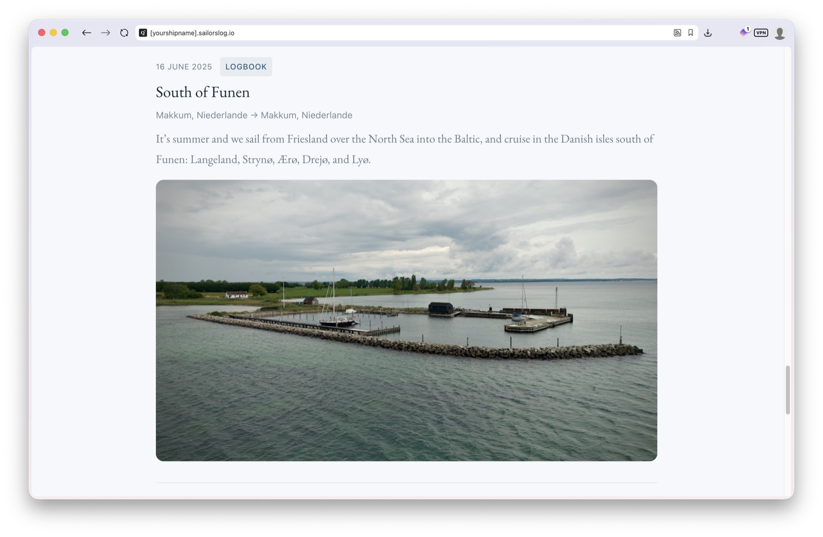 A SailorsLog web logbook entry titled South of Funen, showing the passage from Makkum, the opening of the story, and a wide photo of a Danish harbour under grey summer cloud